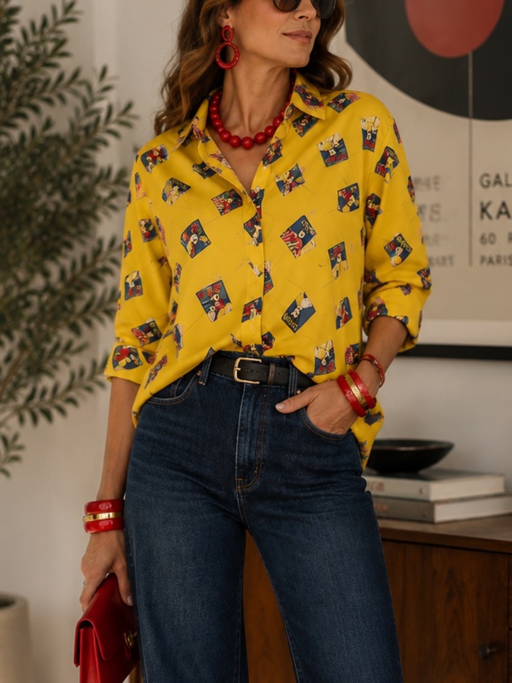 Lady Shapely Retro Yellow Graphic Shirt